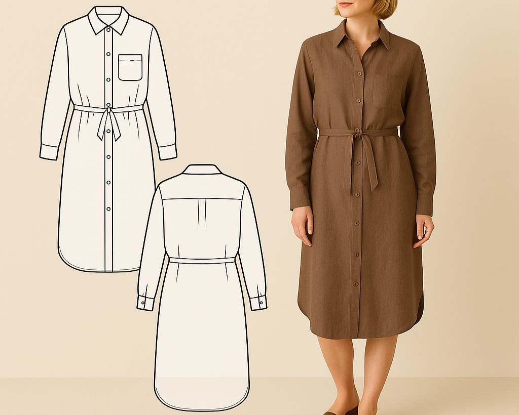 Patron PDF Robe chemise – manches longues (34–48) PDF A0 + A4