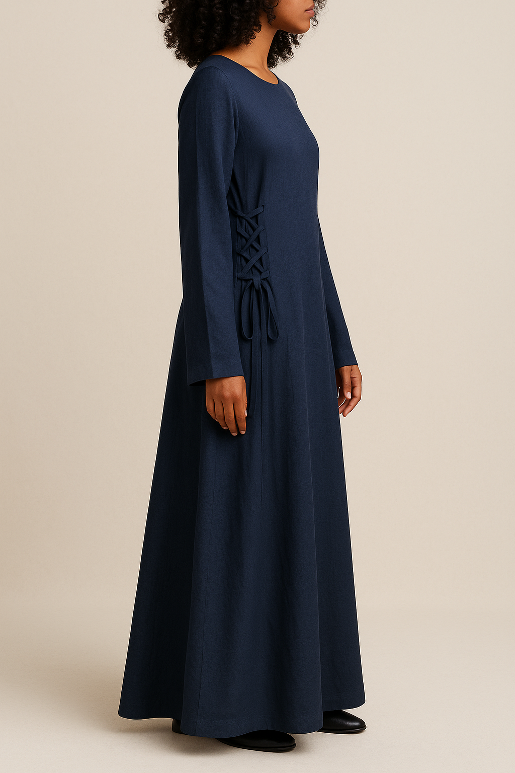 Robe modeste en lin bleu marine – Coupe ample et laçage ajustable