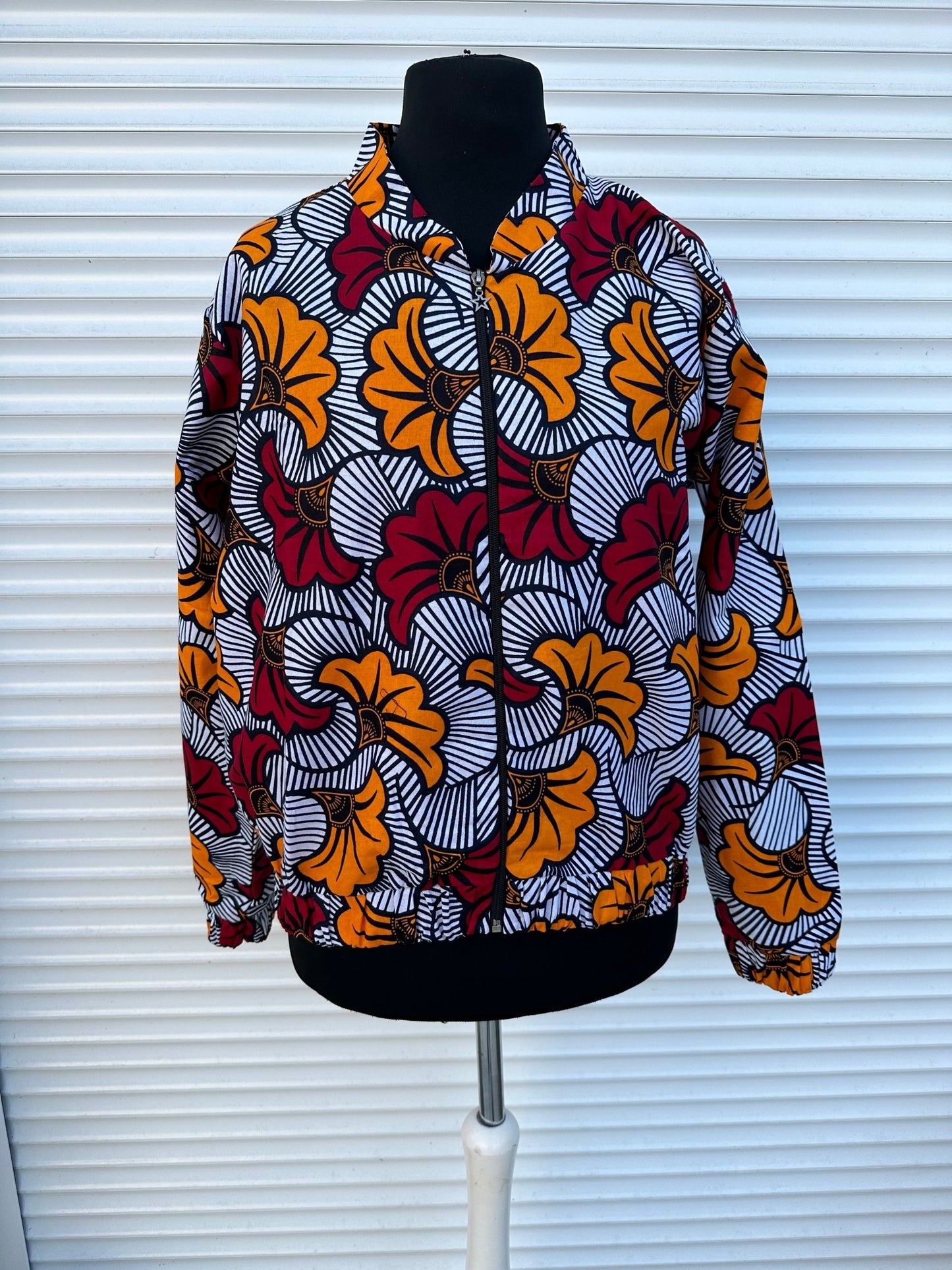 Bomber en Wax mixte - Avec poches - motif Fleurs de mariage - Kaysol Couture