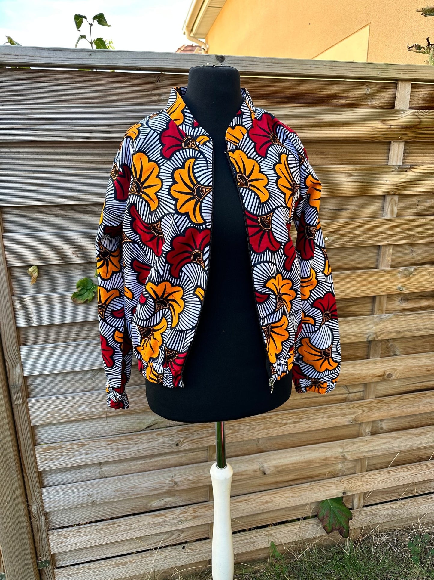 Bomber en Wax mixte - Avec poches - motif Fleurs de mariage - Kaysol Couture