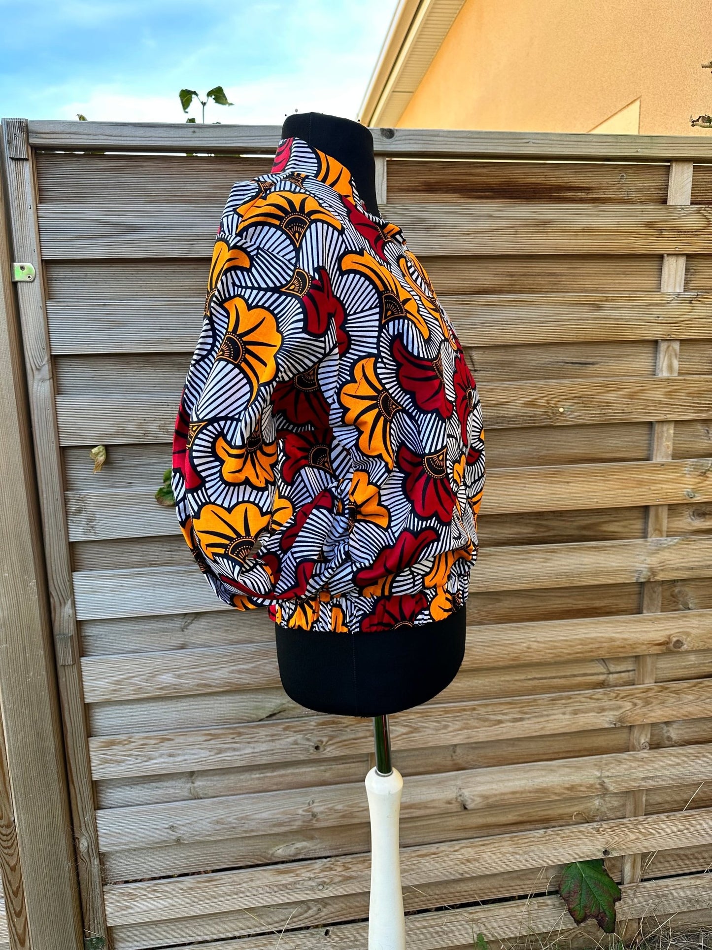 Bomber en Wax mixte - Avec poches - motif Fleurs de mariage - Kaysol Couture