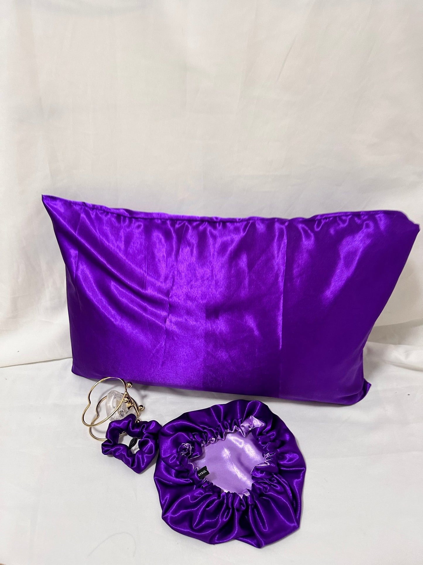 Box taie d’oreiller en Satin Lila - Bonnet en satin -chouchou en Satin - Box Lila - Violet - Kaysol Couture