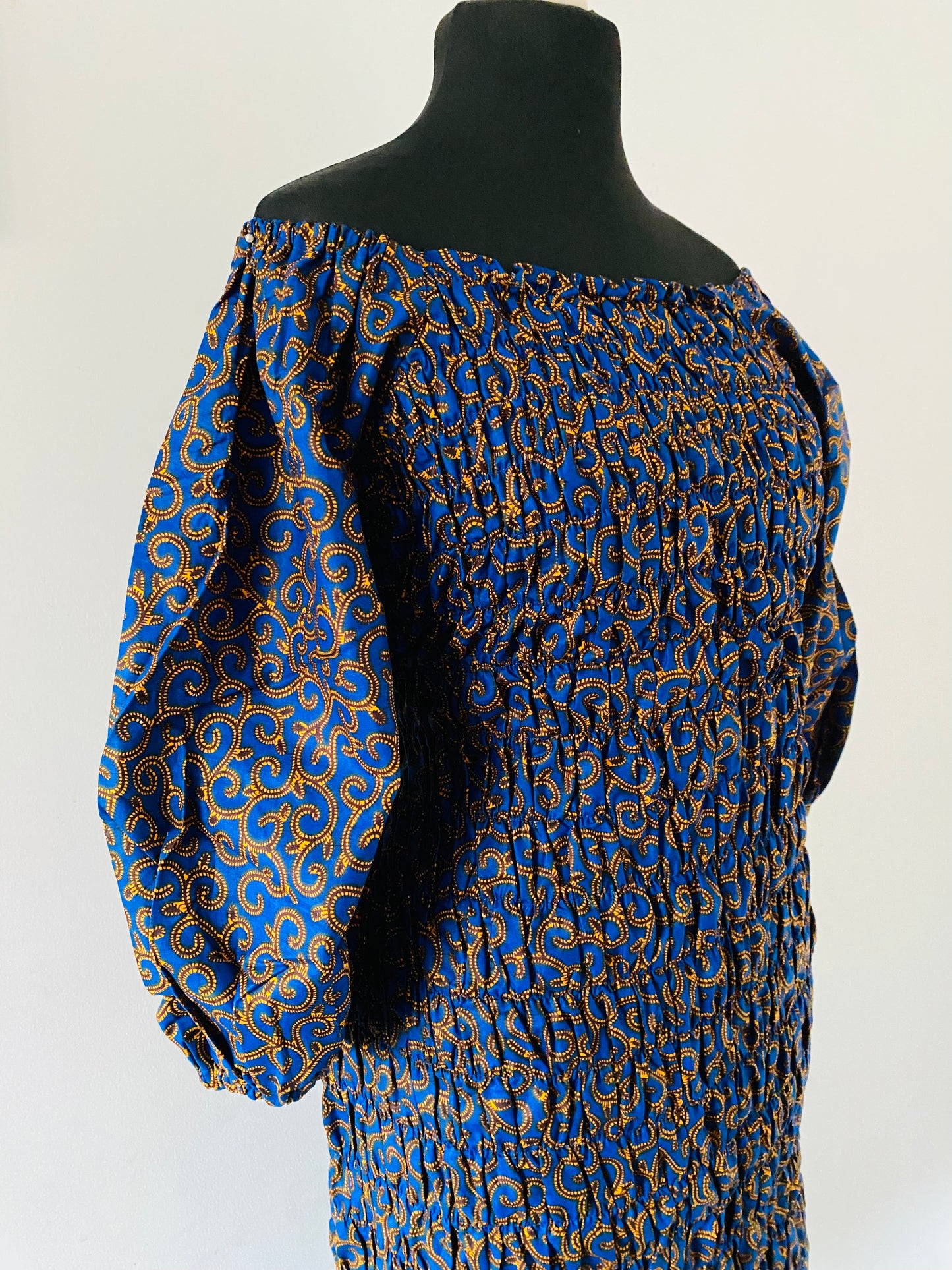 Robe mi mollet en wax - robe demoiselle africaine - robe de mariage en pagne bleu