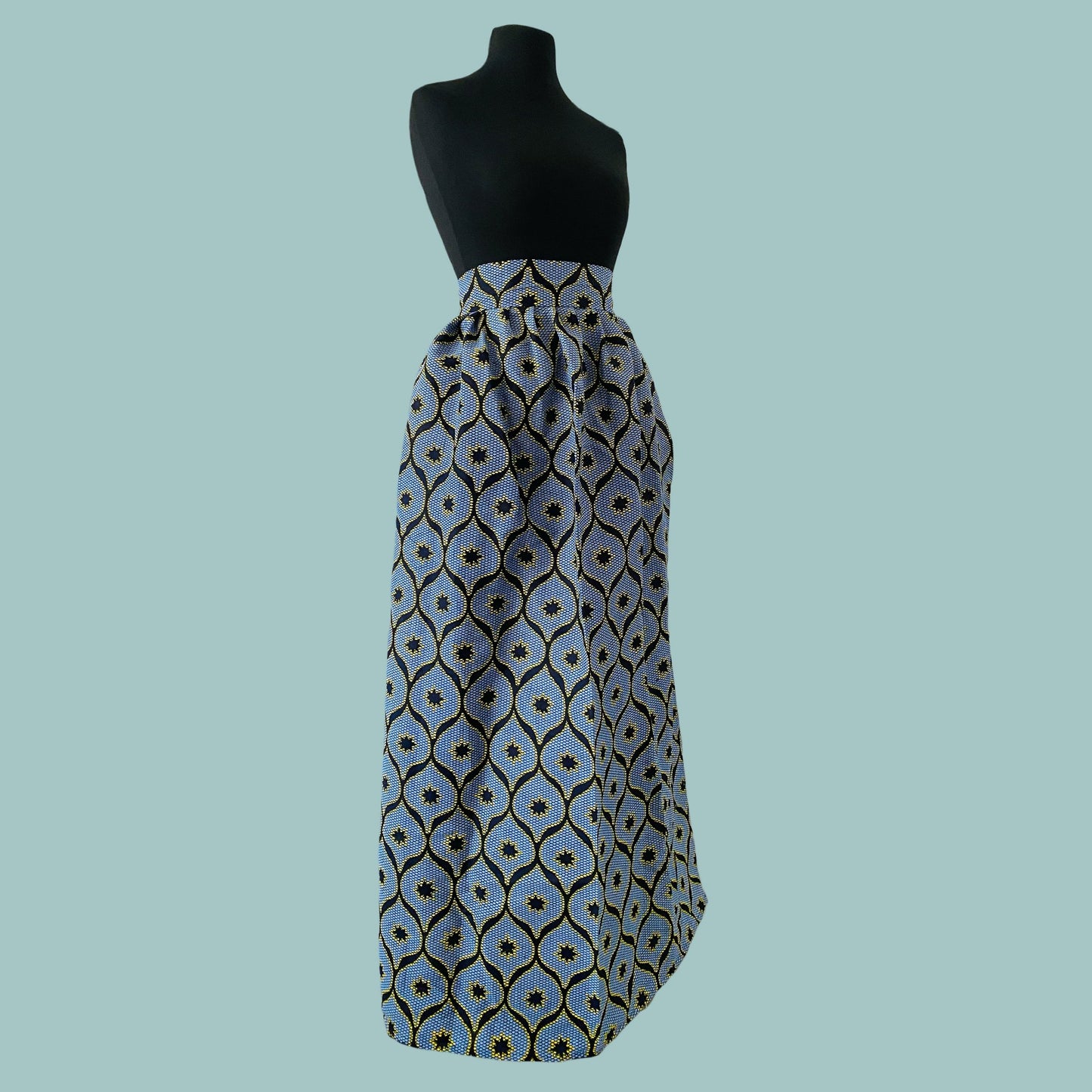 Jupe Longue en Wax Taille Haute - Jupe maxi Wax bleu - Kaysol Couture