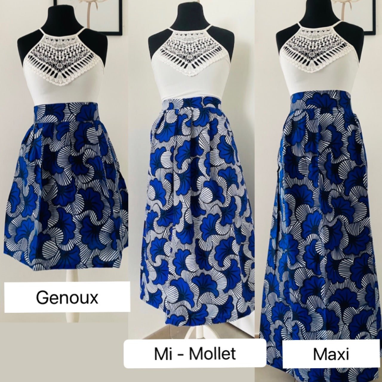 Jupe maxi en Wax - jupe africaine taille haute - tissu Wax fleurs de mariage bleu - Rouge - Kaysol Couture