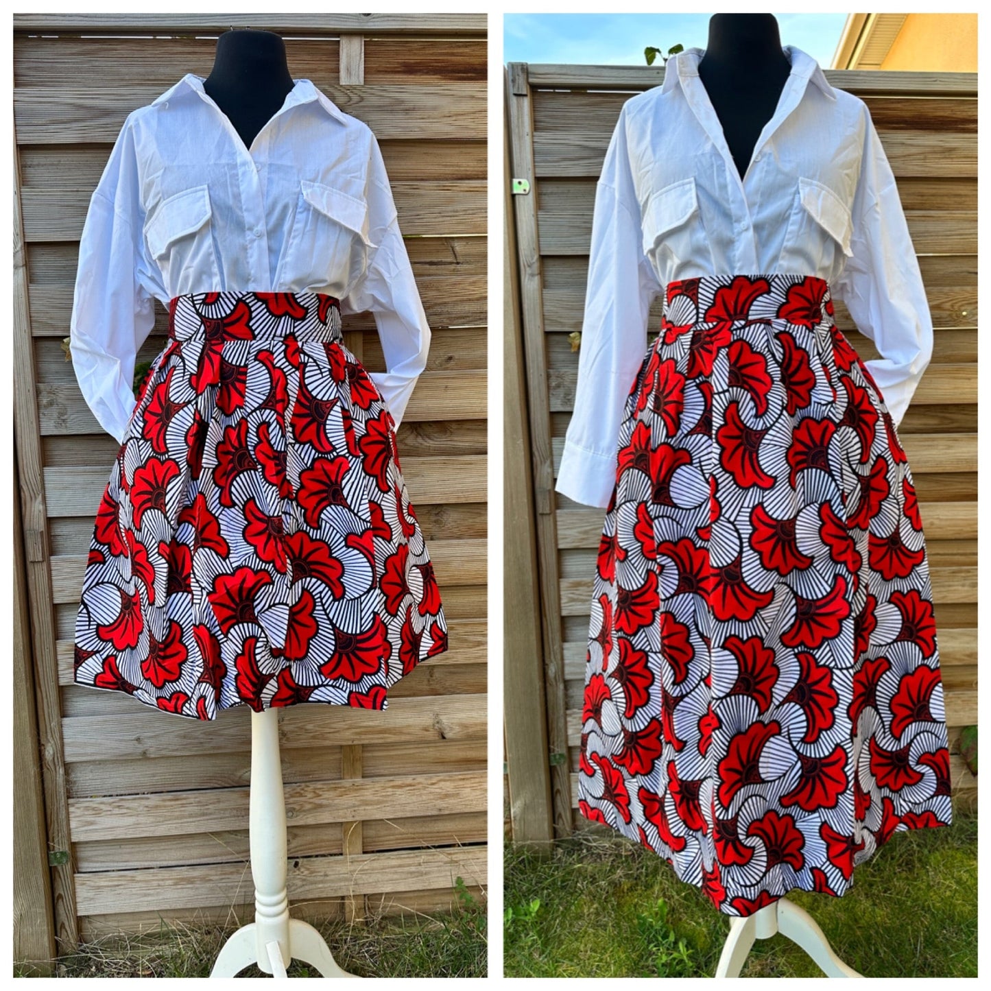 Jupe maxi en Wax - jupe africaine taille haute - tissu Wax fleurs de mariage bleu - Rouge - Kaysol Couture