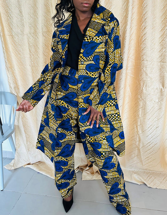Manteau maxi tissu africain authentique - Pantalon taille haute - Deux pièces - Costume Tailleur Femme en Wax - Choix Couleur - Kaysol Couture