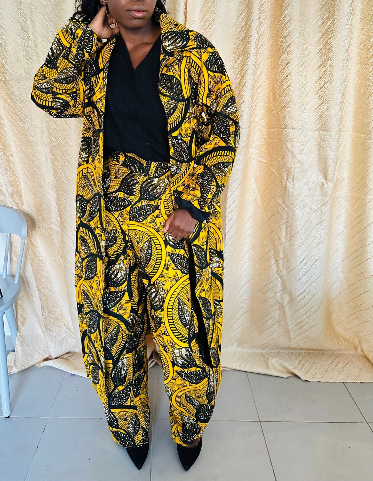 Manteau maxi tissu africain authentique - Pantalon taille haute - Deux pièces - Costume Tailleur Femme en Wax - Choix Couleur - Kaysol Couture