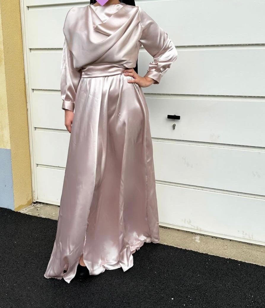 Robe de Soiree longue - robe de soirée mastour en Satin Manches longues - Kaysol Couture