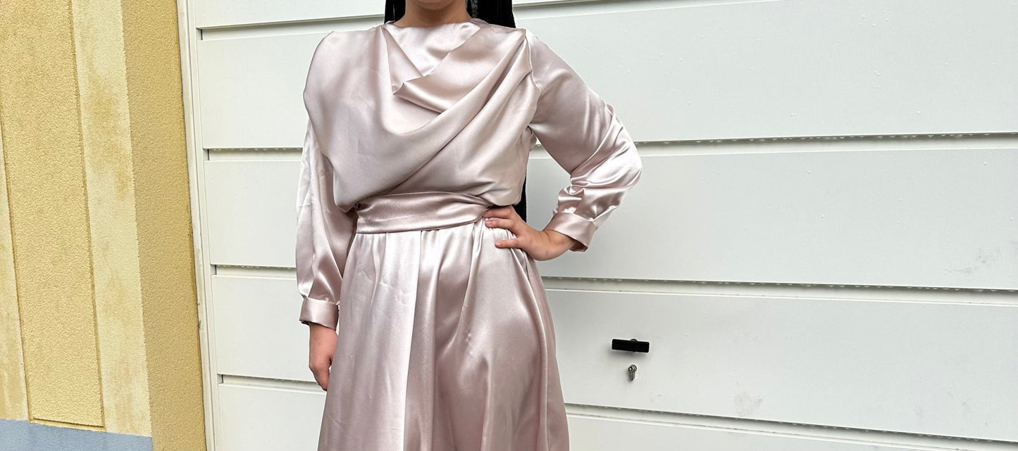 Robe de Soiree longue - robe de soirée mastour en Satin Manches longues - Kaysol Couture