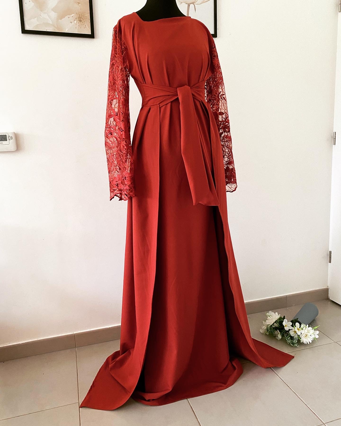 Robe de Soiree Mastoura - Demoiselle d’honneur rouille manche longue - Kaysol Couture