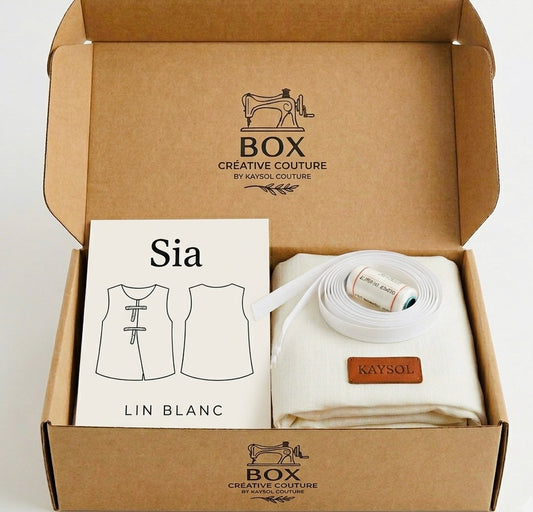 Box couture haut Sia – Patron Taille  34/56 + tissu 100% lin Blanc + mercerie assorti