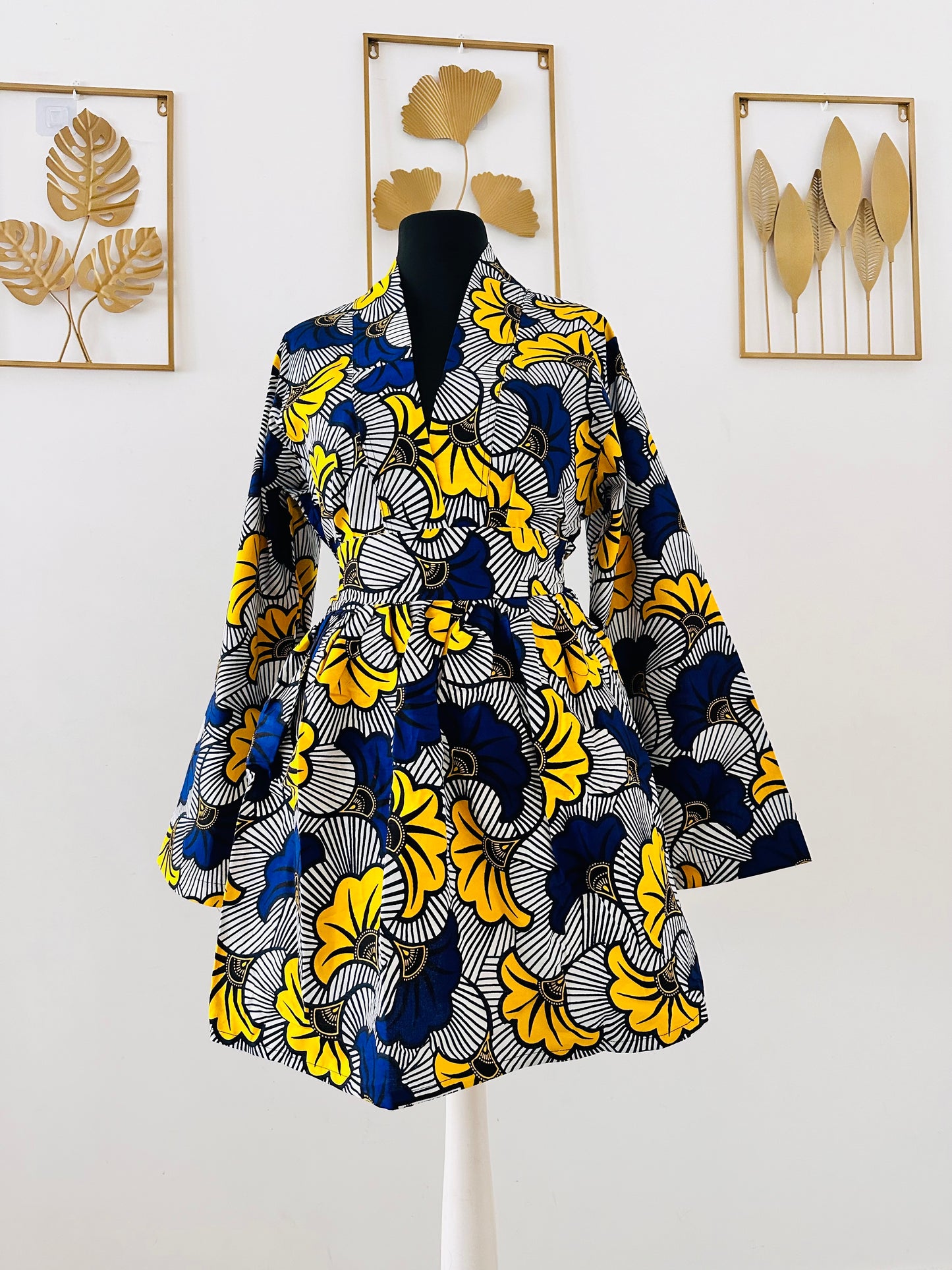 Ensemble kimono et jupe taille haute - En wax - Bleu et jaune