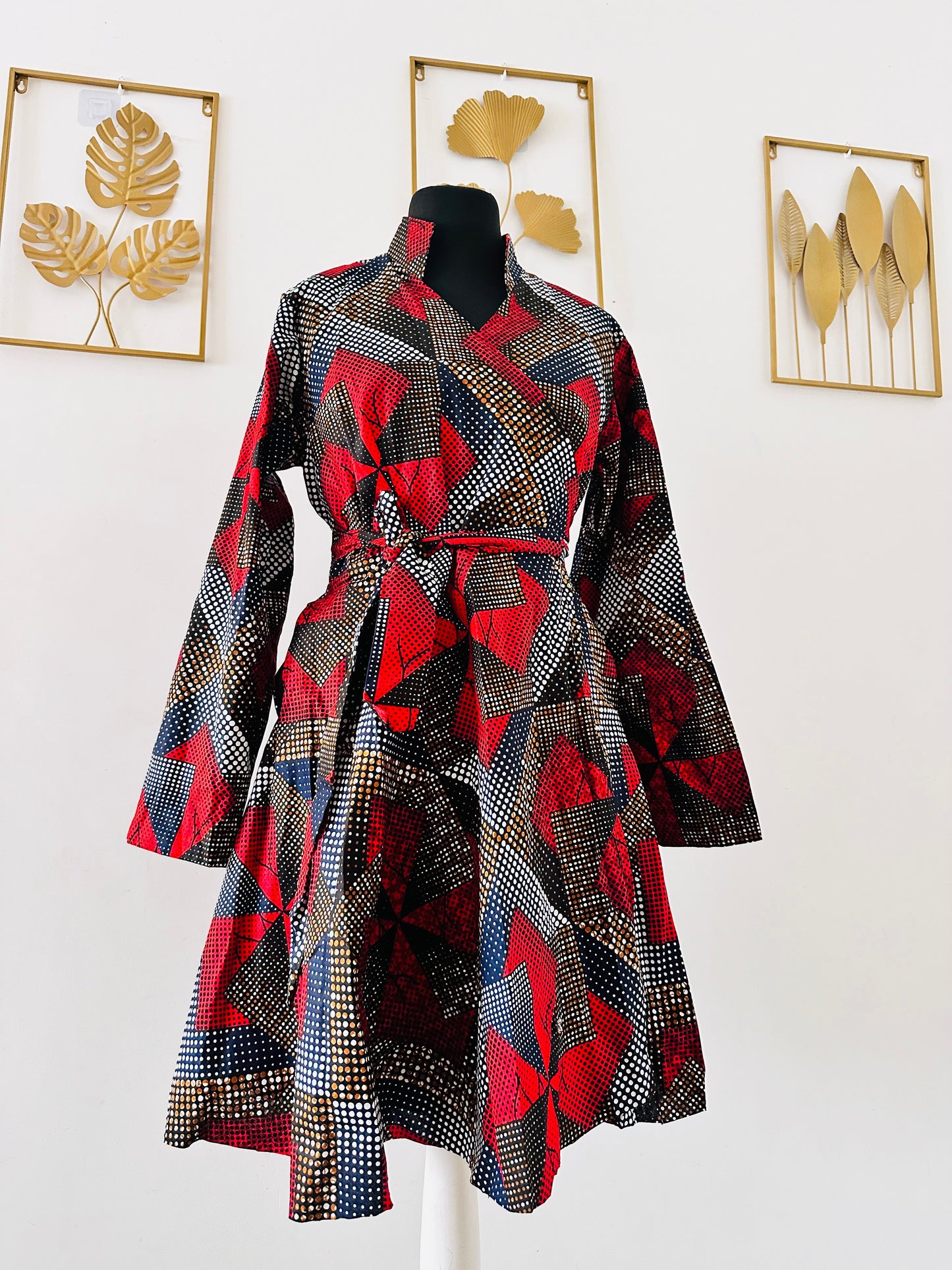 Robe courte en wax - Manches longues - Wax Rouge