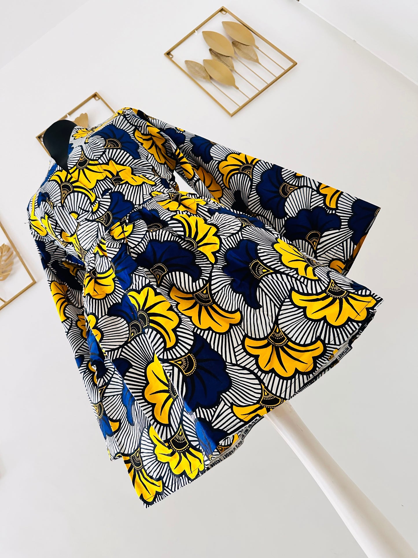 Ensemble kimono et jupe taille haute - En wax - Bleu et jaune