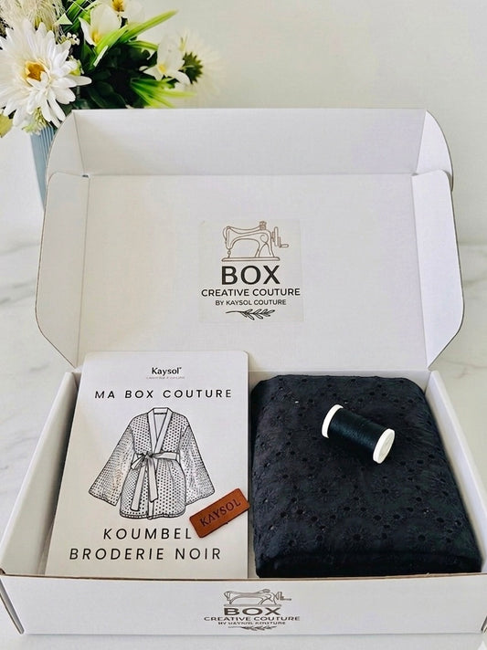 Box Créative Kimono Femme – Patron 34/56 + Tissu Broderie anglaise 100%coton  + Mercerie assorti complet / Noir