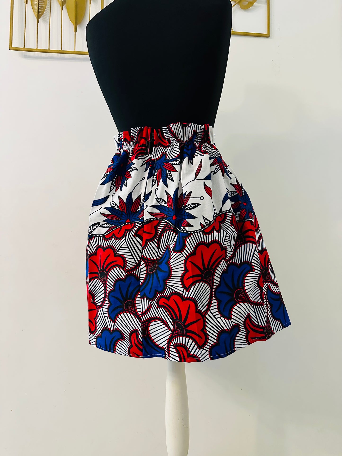 Jupe maxi en Wax - jupe africaine taille haute - tissu Wax fleurs de mariage bleu - Rouge - Jaune