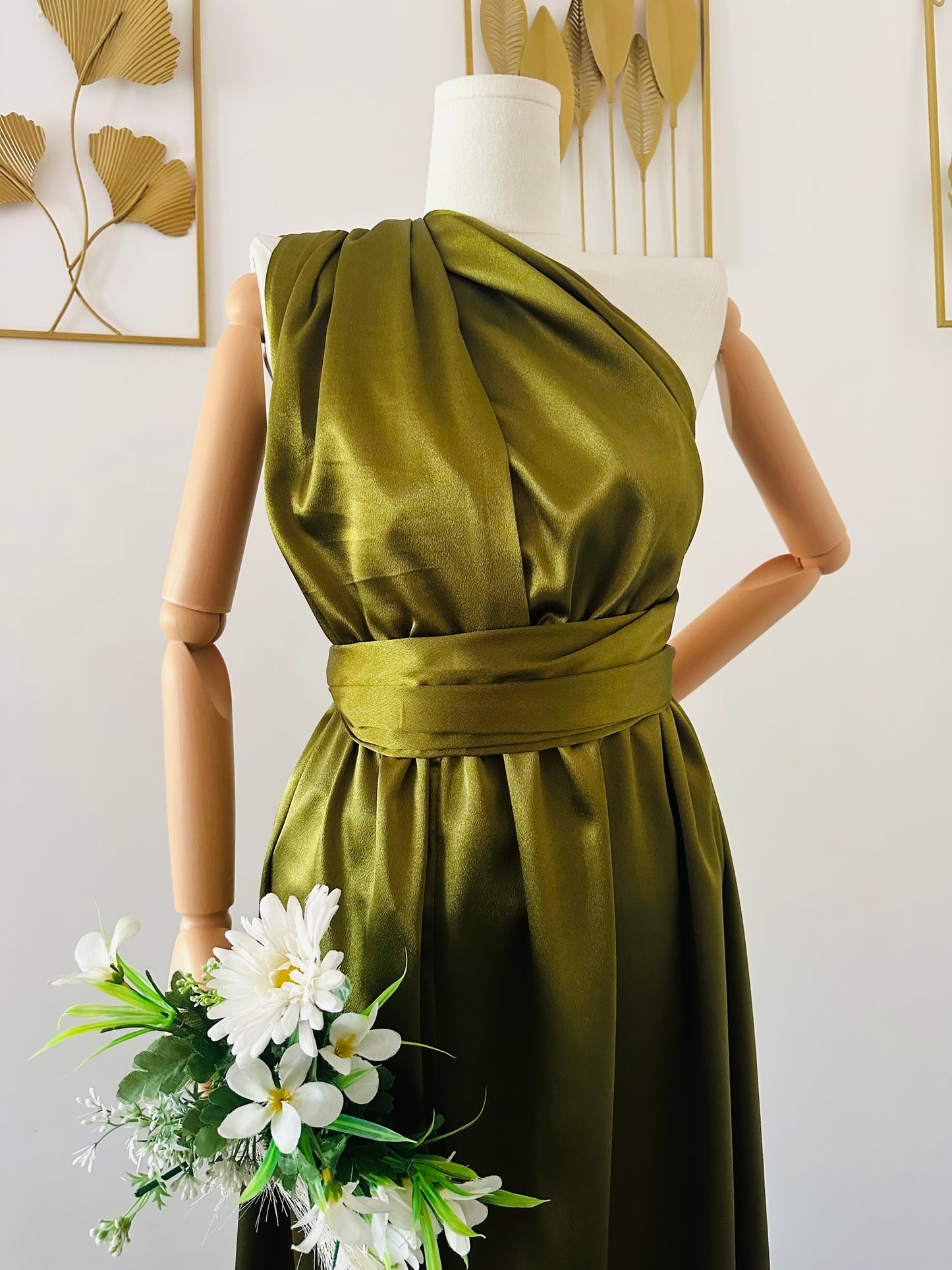Robe Infinity Satin Olive Brillant – Mariage, Soirée, Bal – 4 Longueurs