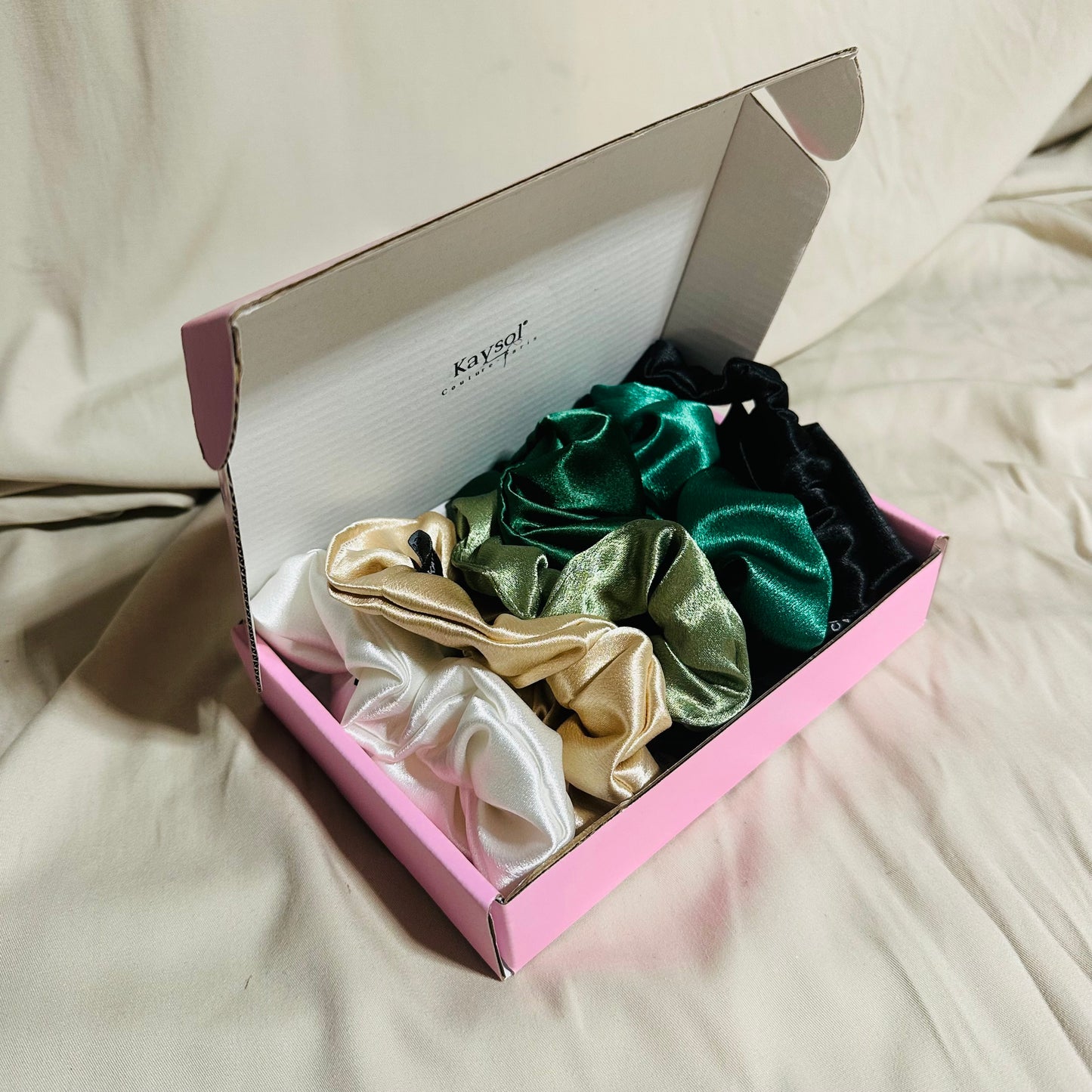 6 Premium Satin Scrunchies Box | Green Hue
