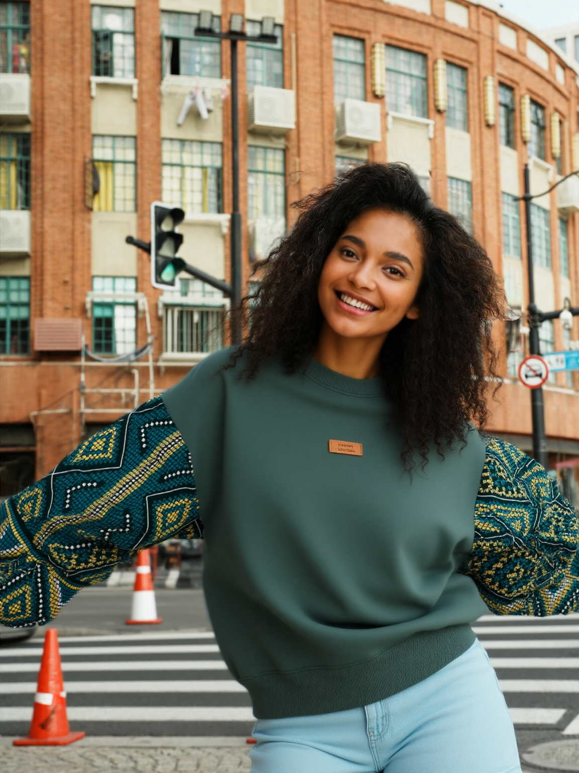 Sweat femme vert manches batik Bogolan pailleté. Pièce unique et stylée signée Kaysol Couture. Cadeau idéal, confort et inspiration wax.