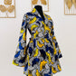 Ensemble kimono et jupe taille haute - En wax - Bleu et jaune