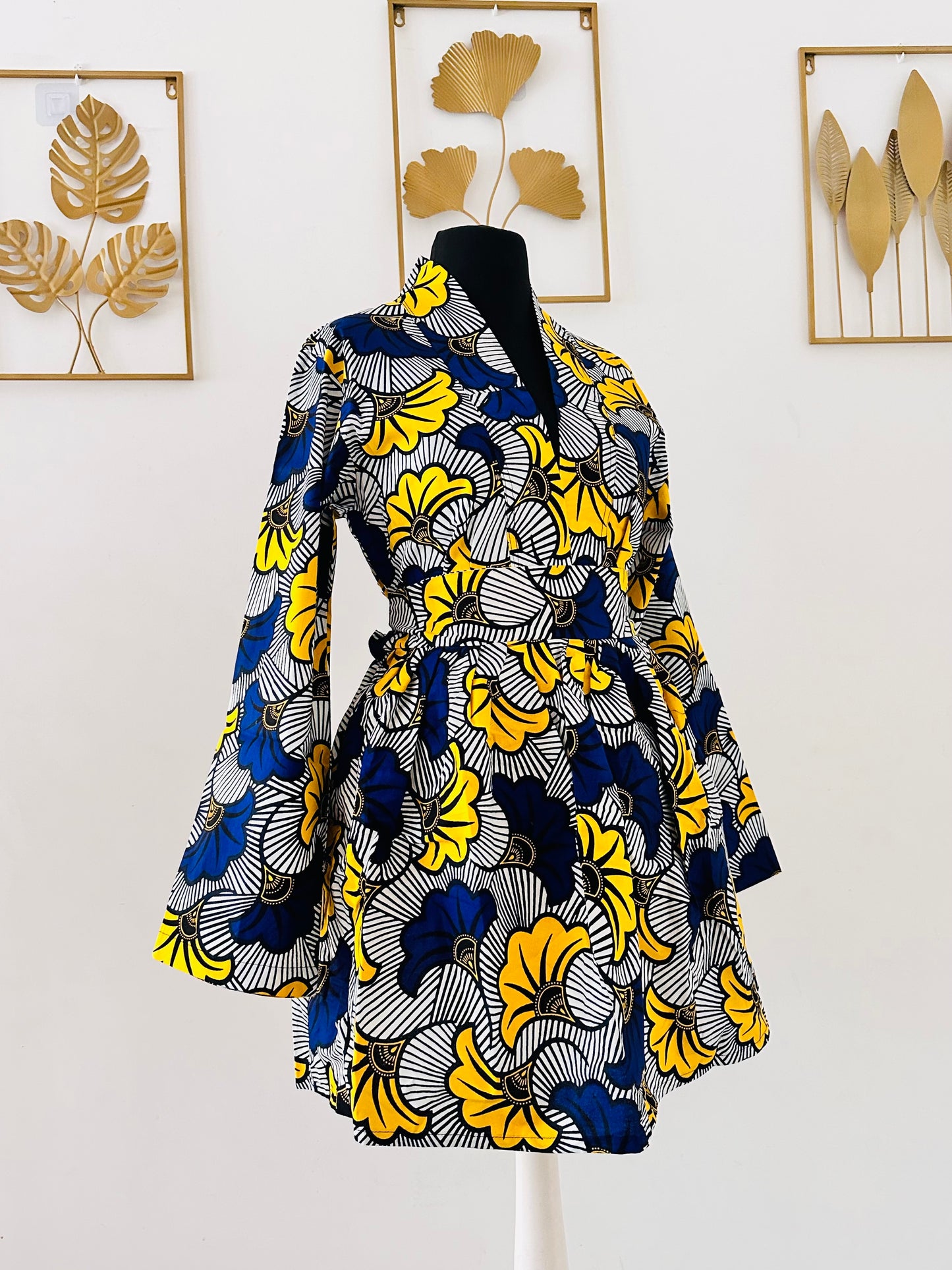 Ensemble kimono et jupe taille haute - En wax - Bleu et jaune