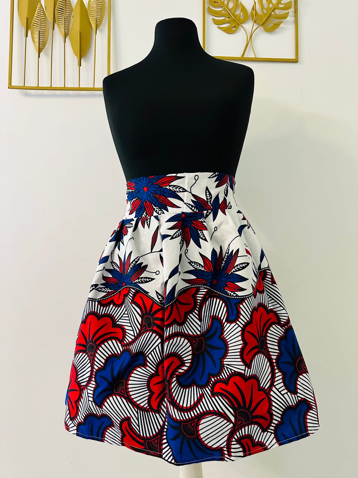 Jupe maxi en Wax - jupe africaine taille haute - tissu Wax fleurs de mariage bleu - Rouge - Jaune