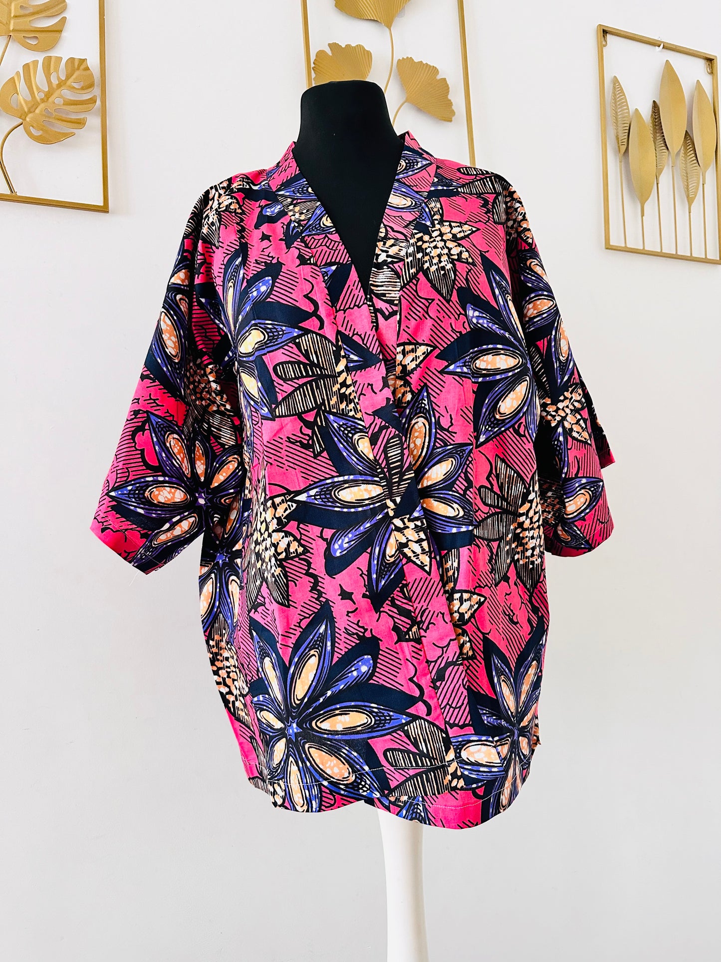 Kimono en wax Fleurie rose - Fait Main