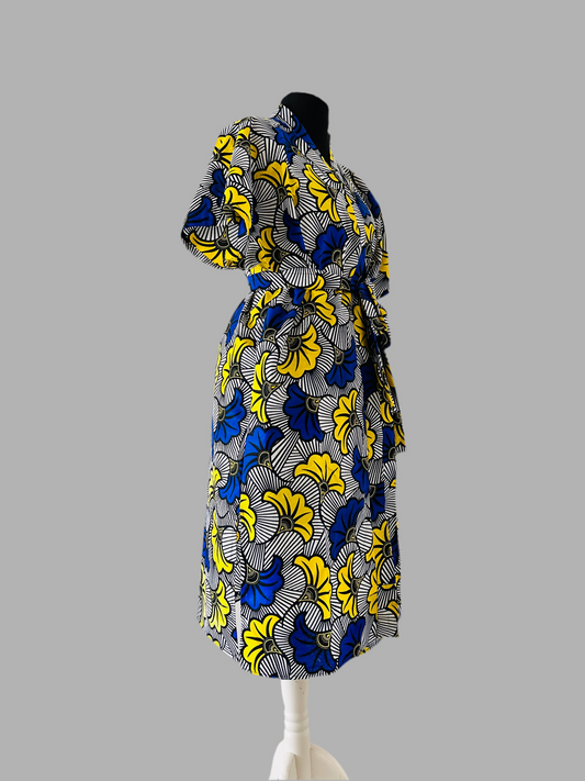 Robe portefeuille africaine - Wax  Bleu Roi - Jaune