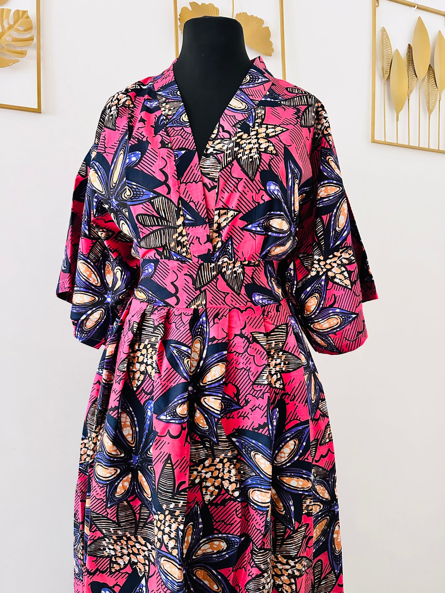 Kimono en wax Fleurie rose - Fait Main