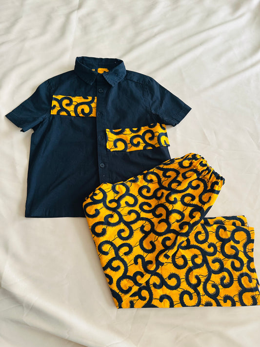 Ensemble enfant garçon Idriss – Wax jaune et noir – Chemise + pantalon – Fait main