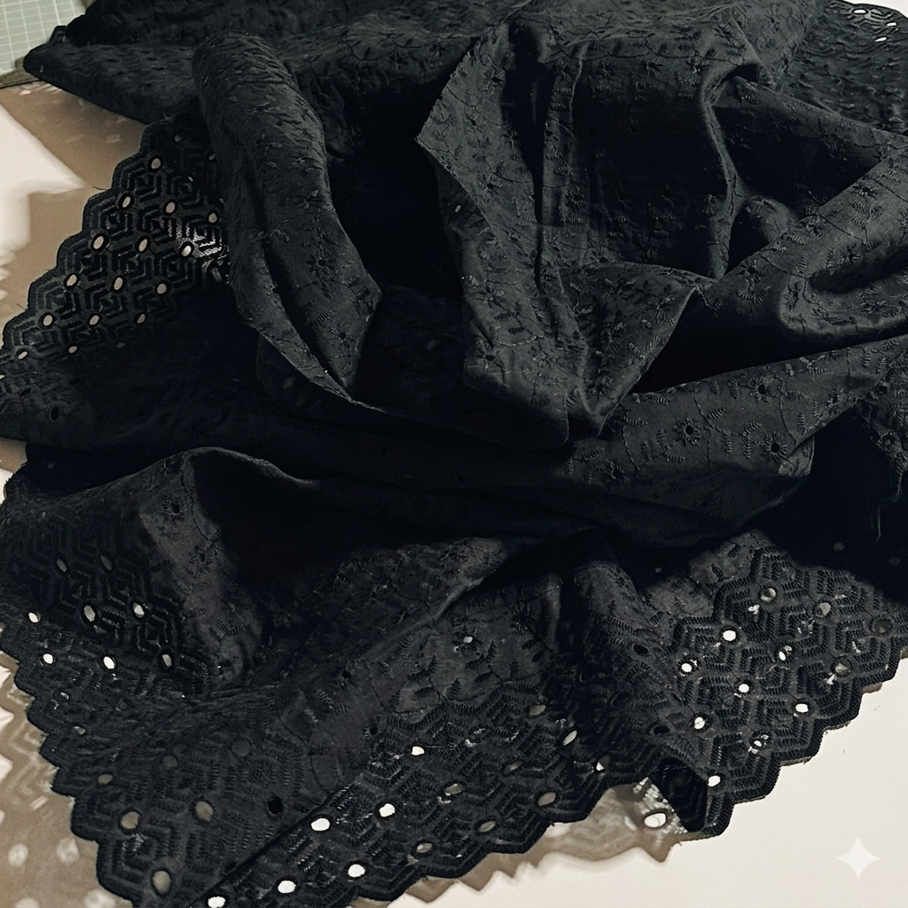 Tissu broderie anglaise Noir /  100 % Coton / Tissu au mètre