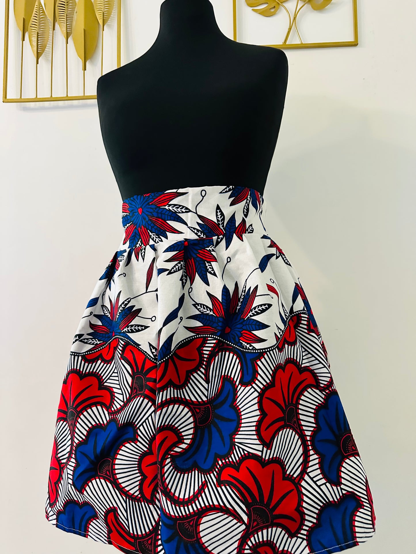 Jupe maxi en Wax - jupe africaine taille haute - tissu Wax fleurs de mariage bleu - Rouge - Jaune