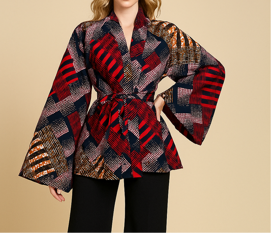 veste africaine rouge- kimono - kimono rouge- kimono femme en wax