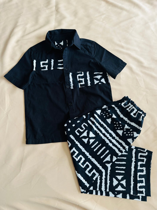 Ensemble enfant garçon Idriss – Bogolan noir et blanc – Fait main en coton
