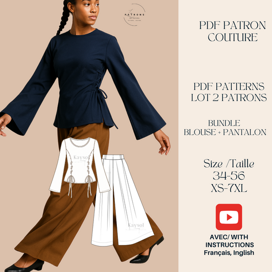 BUNDLE Patrons – Blouse Marina + Pantalon Maxi Large | 34 à 56 - Blouse à Nouer