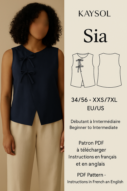 patron couture PDF, haut à nouer, wrap top femme, haut été, modèle débutant couture, KAYSOL patron, patron PDF français, PDF sewing pattern, beginner sewing, tailles grandes couture