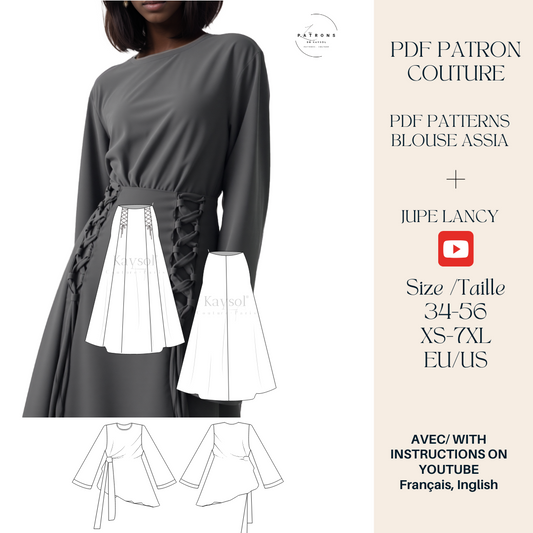 Patron Couture Femme- Blouse et Jupe - Patron couture PDF - 12 tailles EU/US-tenue femme facile a coudre - apprendre a coudre - cours de couture 