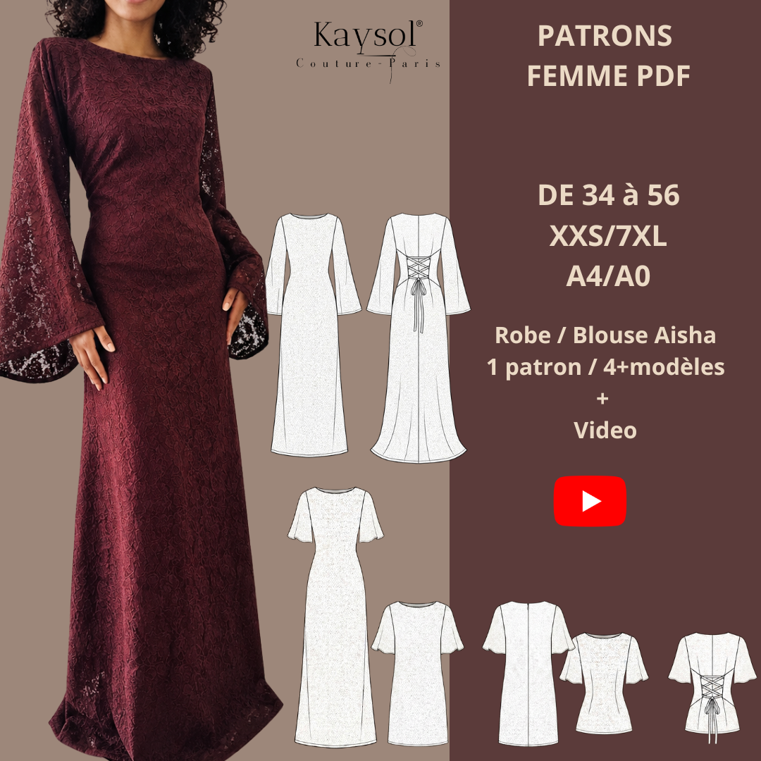 Patron PDF Aïsha – Robe & Blouse Femme / 1 Patron Multi Possibilité / XS/8XL / A4/A0 / Video