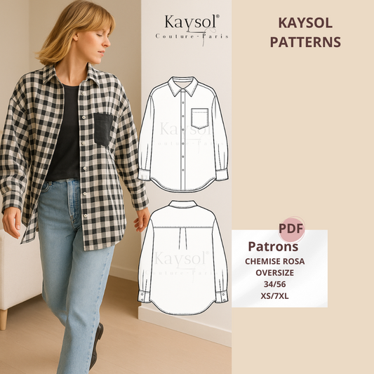 Patron PDF chemise femme oversize, du 34 au 56. Manches longues, col classique, poignets avec ou sans fente. Niveau intermédiaire. Marges comprises.