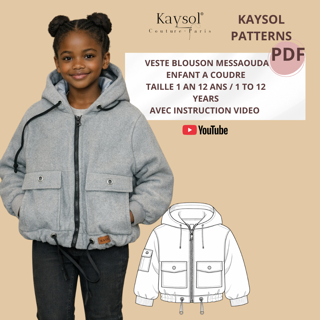 Patron couture PDF – Veste Blouson Messaouda Enfant (1 à 12 ans) Avec Instruction Video