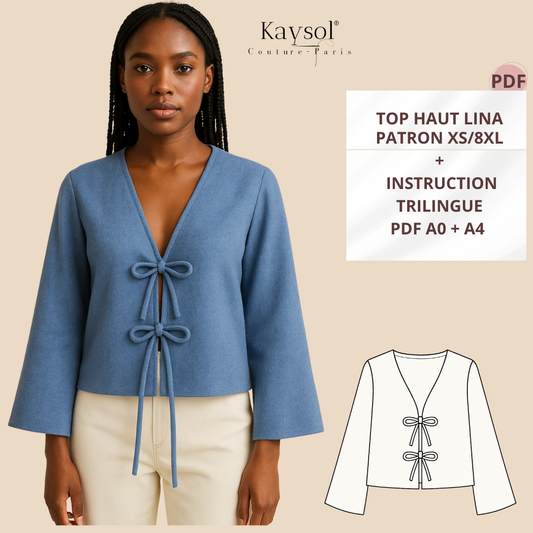Patron PDF facile – Blouse LINA à nouer, du XS au 8XL. Encolure V, manches longues, coupe fluide. Téléchargement immédiat.