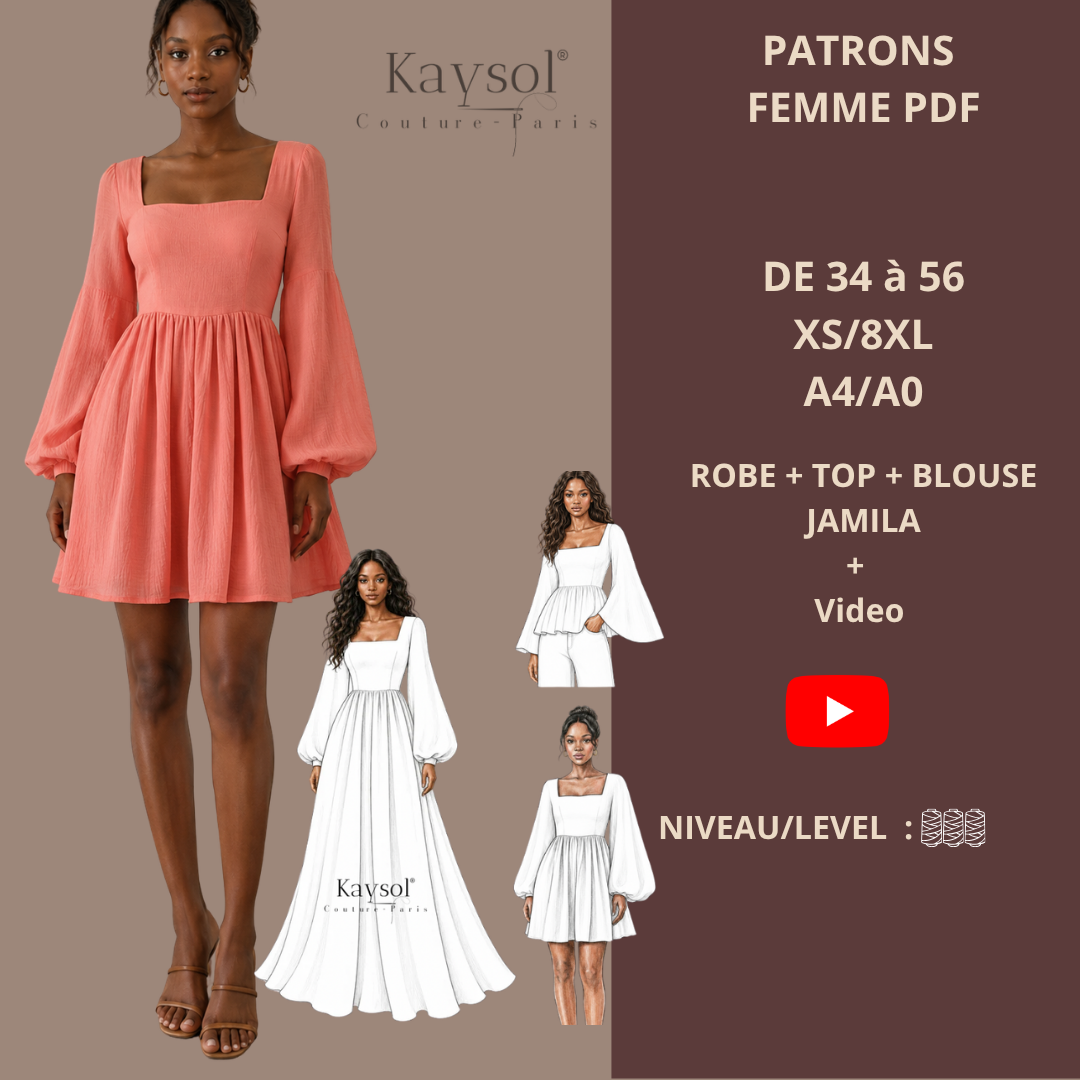Patron couture PDF femme Djamila – robe courte élégante à encolure carrée et manches longues