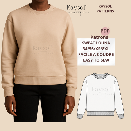 Patron de couture Sweat Louna femme XS–8XL – modèle confortable en sweat ou jersey.