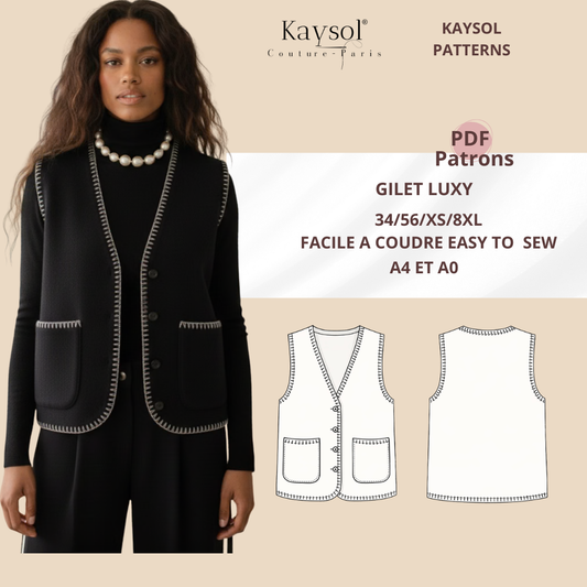 Patron Gilet Femme PDF LUXY – 34 au 56 (XXS–8XL)
