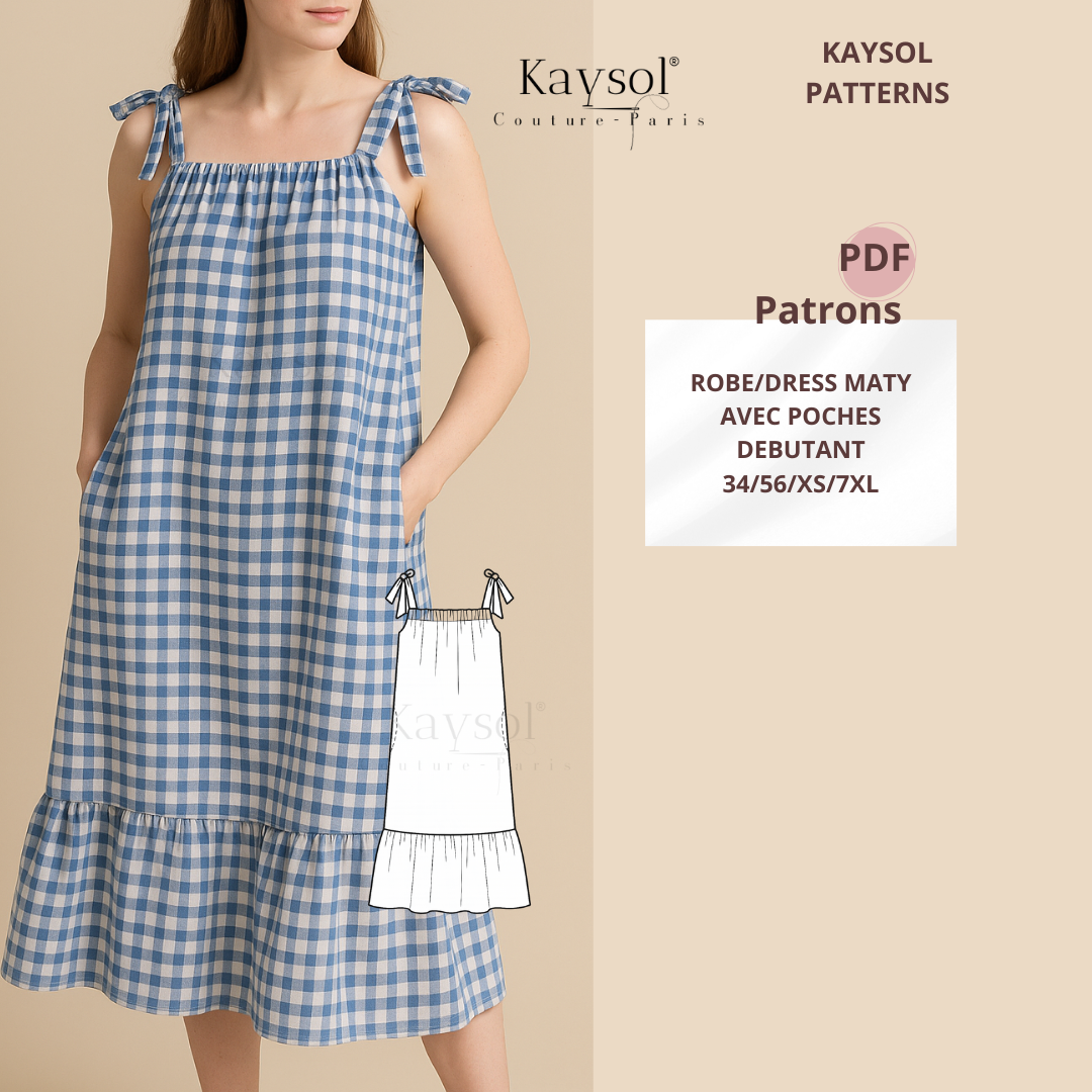 Patron PDF – Robe Maty - Bretelles à nouer - Tailles 34 à 56 - A4/A0 - Guide illustré FR-EN-DE + vidéo.