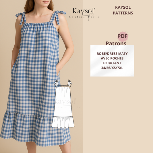 Patron PDF – Robe Maty - Bretelles à nouer - Tailles 34 à 56 - A4/A0 - Guide illustré FR-EN-DE + vidéo.
