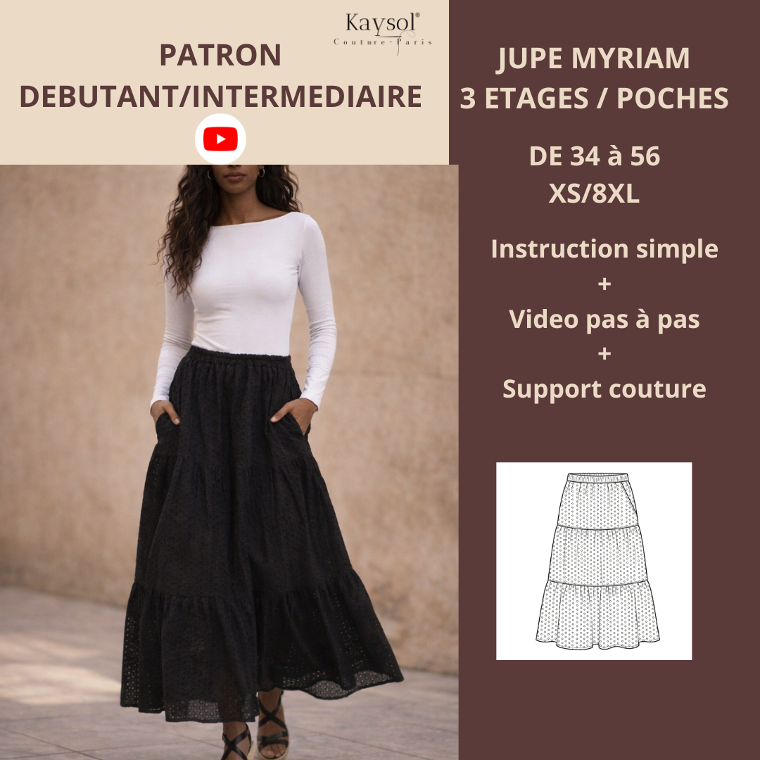 Flared Skirt Pattern, 3 Tiers with Pockets - Myriam - PDF A4 + A0 + Video Instructions