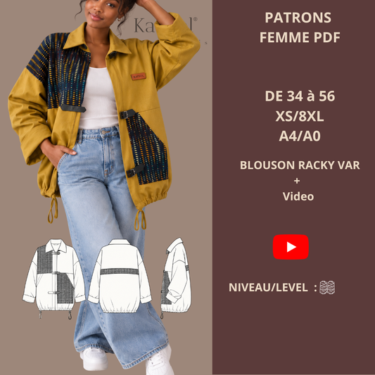 Patron Blouson mixte /  PDF – Blouson Racky VAR / Tuto Vidéo / XS/8XL / A4/A0