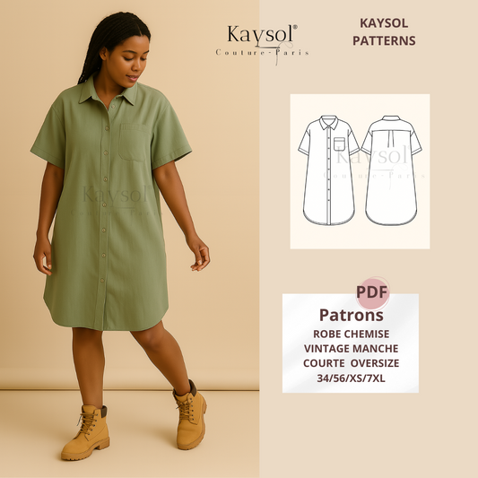 Patron PDF Robe-Chemise -  Oversize - 34 – 56 | Formats A4 & A0 | Trilingue